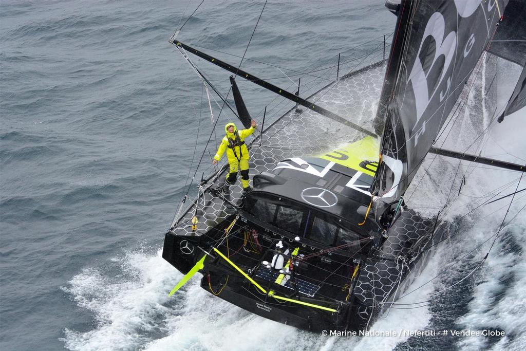 Hugo Boss, skipper Alex Thomson (GBR), off the Kerguelen Islands, flown over by the National French Marine Nivose Frigate, during the Vendee Globe, solo sailing race around the world, on November 30th, 2016  © Marine Nationale / Nefertiti / Vendee Globe vendeeglobe.org