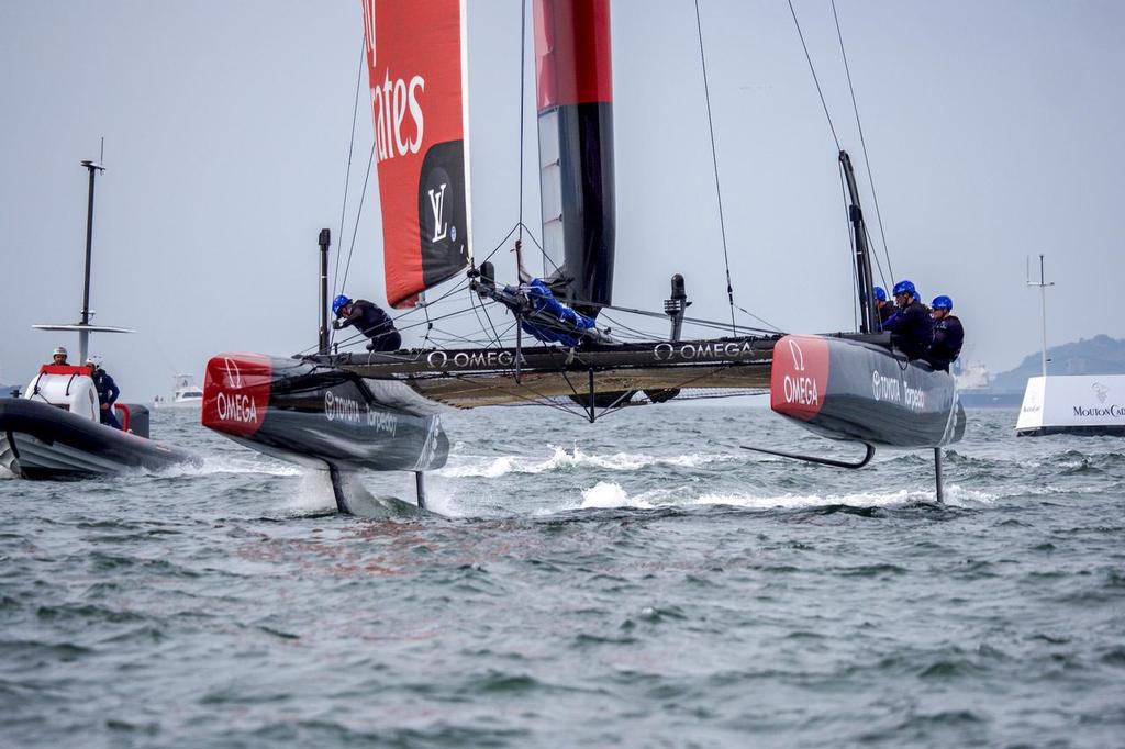 Emirates Team New Zealand sailing on the second race day at the Louis Vuitton America's Cup World Series Fukuoka, Japan photo copyright Hamish Hooper/Emirates Team NZ http://www.etnzblog.com taken at  and featuring the  class