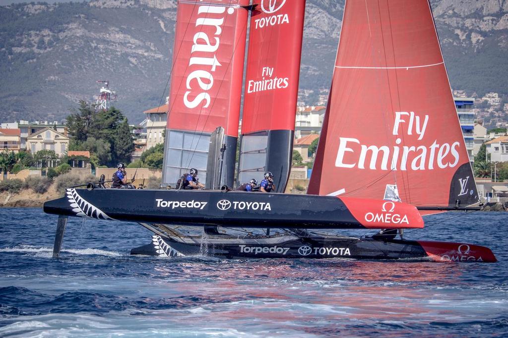 Emirates Team New Zealand sailing on official practice race day of the Louis Vuitton America's Cup World Series Toulon © Hamish Hooper/Emirates Team NZ http://www.etnzblog.com