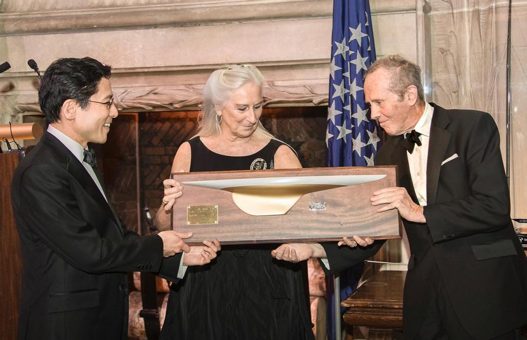Steve Tsuchiya presents a half-hull model of the yacht ``Reliance`` to the Countess of Dunraven and the Earl of Meath who accepted the honor on behalf of the inductee - Hall of Fame induction for Ernesto Bertarelli Alinghi and Lord Dunraven photo copyright Carlo Borlenghi / www.carloborlenghi.com taken at  and featuring the  class