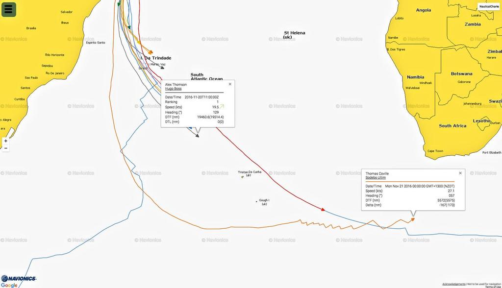 Current position Alex Thomson - Hugo Boss as at 1100 UTC on November 20, 2016 photo copyright www.volodiaja.net/Tracking/ taken at  and featuring the  class