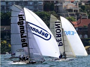 De'Longhi and Peroni downwind with their number one rigs - NSW 18ft Skiff Championship photo copyright Frank Quealey /Australian 18 Footers League http://www.18footers.com.au taken at  and featuring the  class
