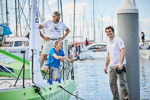 Calero Marinas Managing Director, Jose Juan Calero wishing Miranda Merron and Halvard Mabire a good race before they left the dock at Marina Lanzarote on the day of the start photo copyright RORC / James Mitchell taken at  and featuring the  class