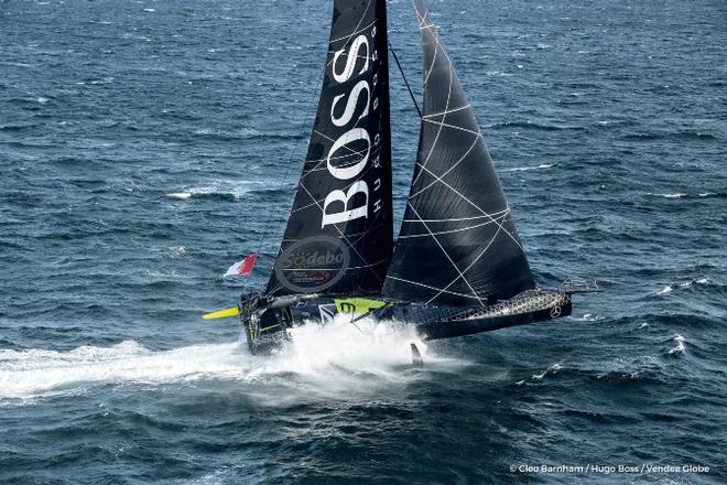 Imoca boat Hugo Boss skipper Alex Thomson GBR during training solo for the Vendée Globe off England ©  Cleo Barnham Hugo Boss