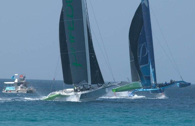 Closer than close on the finish line between the two MOD70s – MS Barbados Concise 10 and Phaedo3 – in last year’s Mount Gay Round Barbados Race ©  Peter Marshall / MGRBR