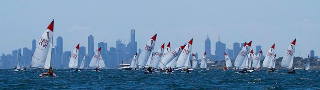 Fleet heads to the leeward mark with Melbourne's CBD in the background. - 39th Sabre Australian Championship ©  Alex McKinnon Photography http://www.alexmckinnonphotography.com