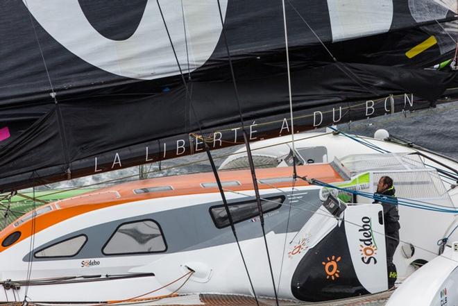 Thomas Coville crossed the finish line off Ushant today © Jean-Marie Liot / DPPI / Sodebo