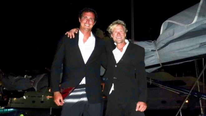 After 18 days at sea, James Heald and Ben Harris resplendent in dinner jackets having successfully completed the race from Lanzarote to Grenada - RORC Transatlantic Race © Louay Habib / RORC
