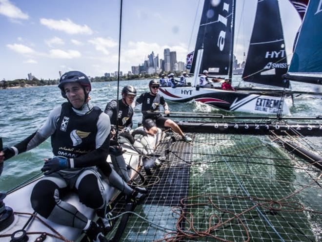 The Extreme Sailing Series 2016. Oman Air - Morgan Larson (USA) - helmsman/skipper, Pete Greenhalgh (GBR) – mainsail trimmer, Nasser Al Mashari (OMA) – bowman, Ed Smyth (NZL/AUS) - trimmer, James Wierzbowski (AUS) – bowman. Act 8.Sydney,Australia. 8th-11th December 2016 © Jesus Renedo / Lloyd images