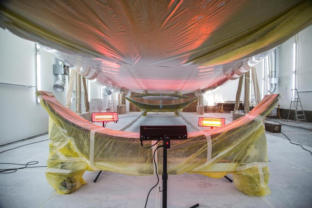 Boat 1 is drying after the hull has been painted with the final white top coat. The Boatyard, Lisbon. photo copyright  Amalia Infante / Volvo Ocean Race taken at  and featuring the  class