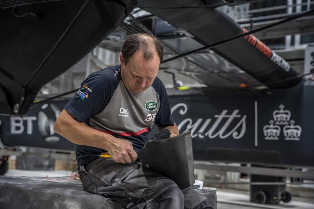 Shore team's Ian Pattison working on T3 ahead of her first sailing day in Bermuda - Land Rover BAR, December 2016 Bermuda &copy; Alex Palmer