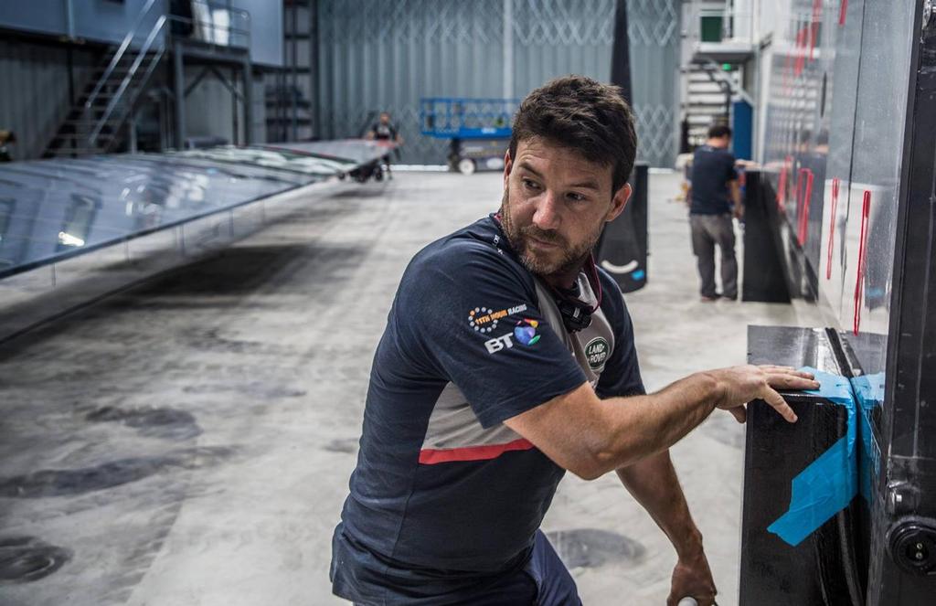 Boat Builder Kevin White working on the wing in Bermuda - Land Rover BAR, December 2016 Bermuda &copy; Alex Palmer