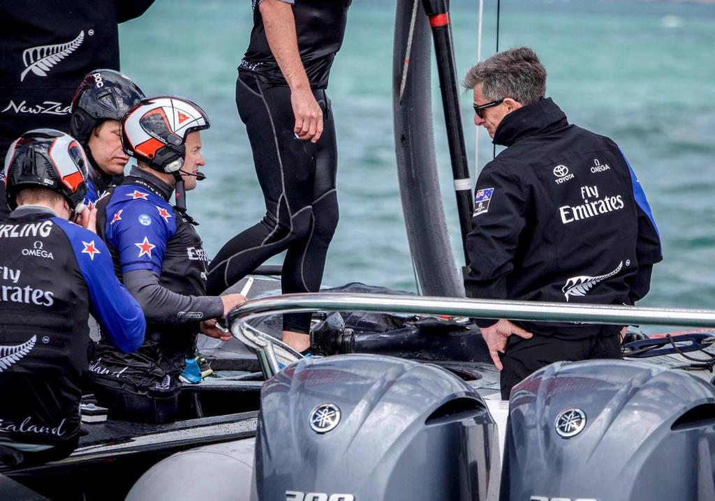 Murray Jones chats with the sailing crew after a testing session in Auckland. © Emirates Team New Zealand http://www.etnzblog.com