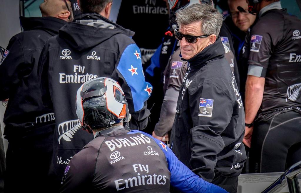 Murray Jones chats with the sailing crew after a testing session in Auckland. © Emirates Team New Zealand http://www.etnzblog.com