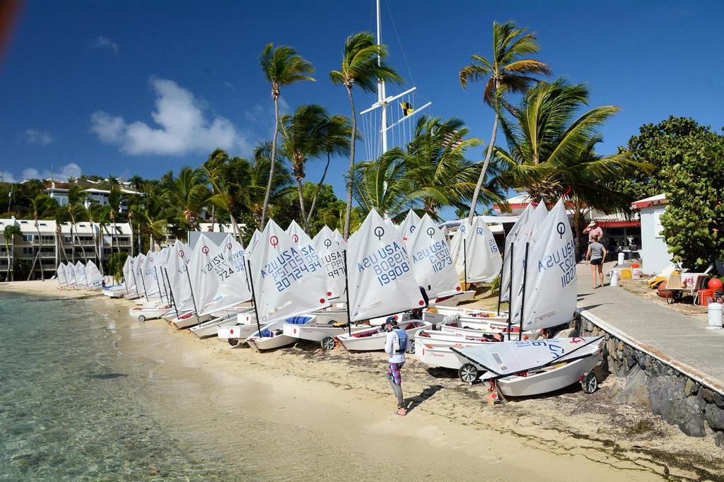 Optimist dinghies line up on the beachfront of the host St. Thomas Yacht Club - International Optimist Regatta © Dean Barnes