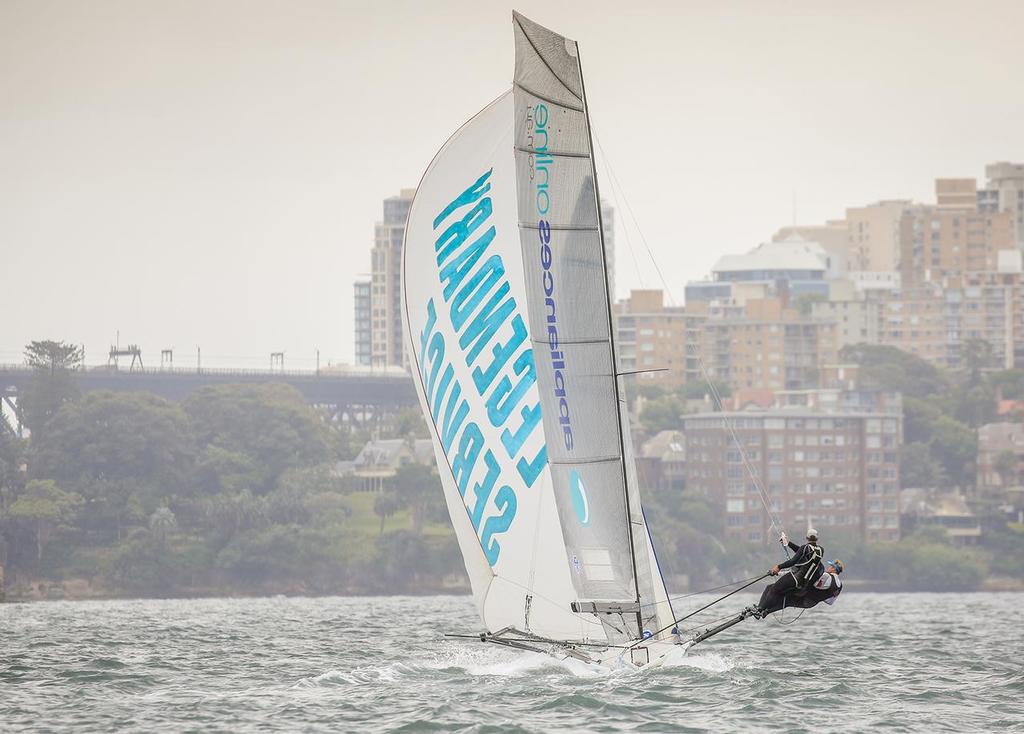 David Witt skipper of Scallywag and also the 18ft skiff Appliances Online photo copyright Michael Chittenden  taken at  and featuring the  class