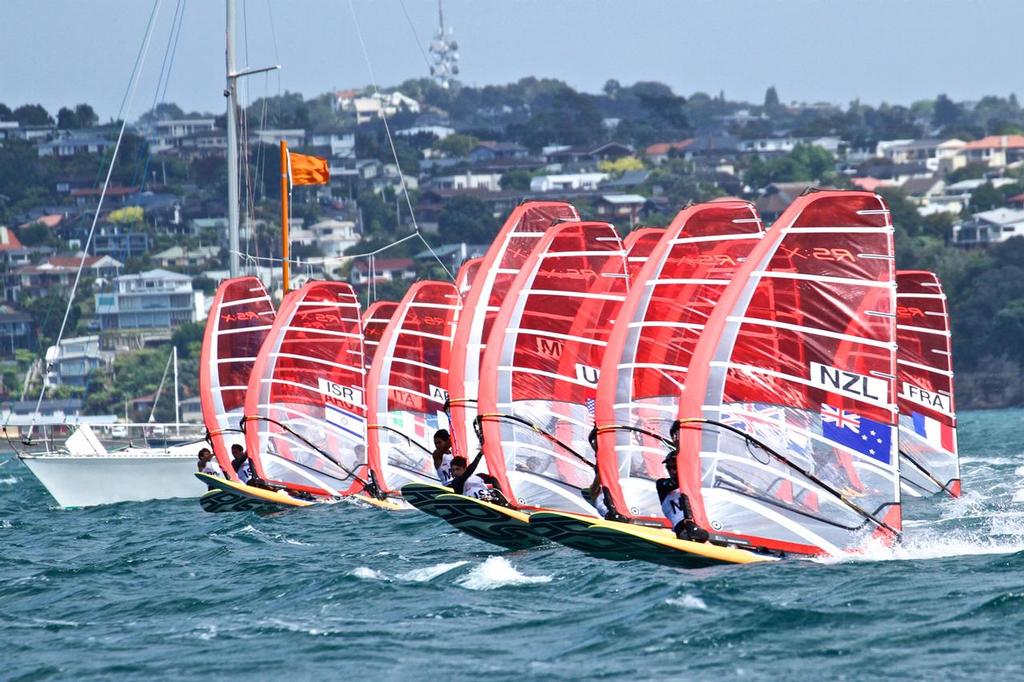 Mens RS:X start - Aon Youth Worlds 2016, Torbay, Auckland, New Zealand photo copyright Richard Gladwell www.photosport.co.nz taken at  and featuring the  class
