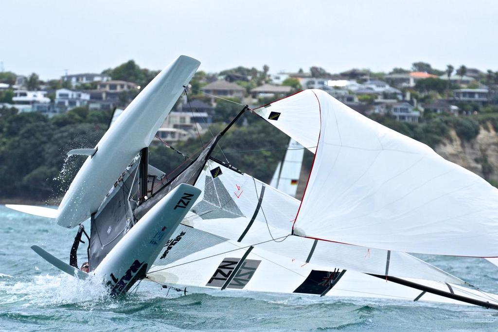 Nacra 15 - NZL capsize when leading - Aon Youth Worlds 2016, Torbay, Auckland, New Zealand photo copyright Richard Gladwell www.photosport.co.nz taken at  and featuring the  class