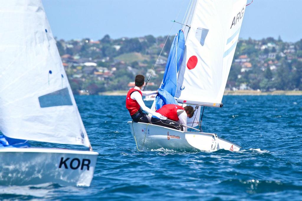 A jammed spinnaker halyard didn't help the performance of the Bronze Medalists Peralta and Verdi (ARG) in the Final race - Aon Youth Worlds 2016, Torbay, Auckland, New Zealand, Day 5, December 19, 2016 photo copyright Richard Gladwell www.photosport.co.nz taken at  and featuring the  class