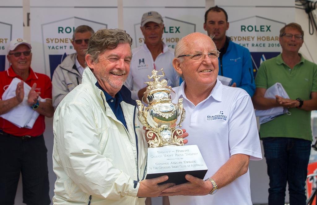Jim Delegat of Giacomo is presented with the Tattersall's Trophy by CYCA Commodore John Markos - photo © Crosbie Lorimer http://www.crosbielorimer.com