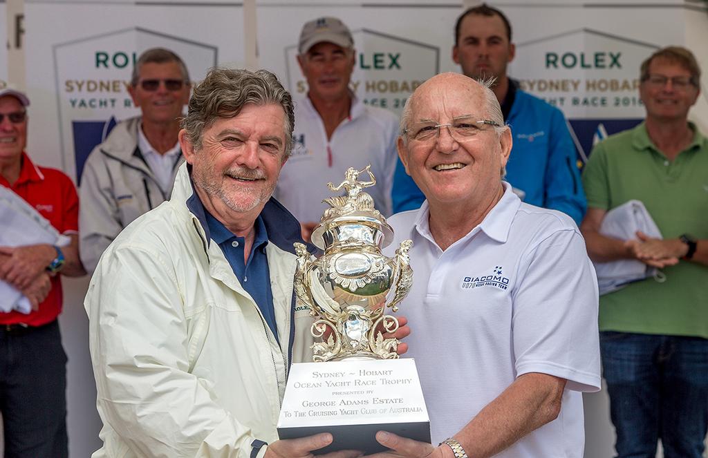 Jim Delegat of Giacomo is presented with the Tattersall's Trophy by CYCA Commodore John Markos © Crosbie Lorimer http://www.crosbielorimer.com
