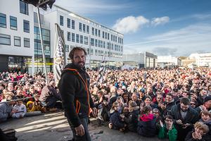 Thomas Coville receives a heroes welcome in Brest after setting the new world record in solo in multihull, at the helm of Sodebo Ultim, in 49 days, 3 hours, 7 minutes, 38 seconds. photo copyright Jean-Marie Liot taken at  and featuring the  class