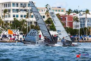 Rory Fitzpatrick (43) and Ben Paton get tangled up at the first mark rounding. - MS Amlin International Moth Regatta photo copyright Beau Outteridge/Amlin International Moth Regatta taken at  and featuring the  class