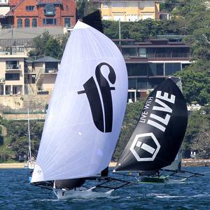 Thurlow Fisher Lawyers heads for home with a narrow lead over Ilve - 18ft Skiffs Syd. Barnett Jr. Memorial Trophy photo copyright Frank Quealey /Australian 18 Footers League http://www.18footers.com.au taken at  and featuring the  class