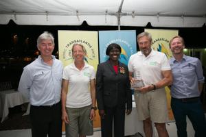 Eddie Warden Owen, RORC CEO, Miranda Merron (Class40, Campagne de France) , Dr. Clarice Modeste-Curwen, Minister for Tourism, Civil Aviation, Culture and Cooperatives, Halvard Mabire (Class40, Campagne de France), Nick Elliott, RORC Racing Manager. Class40 winners: Campagne de France - RORC Transatlantic Race photo copyright RORC/Arthur Daniel taken at  and featuring the  class