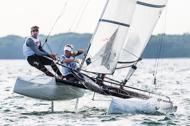 Olympian Louisa Chafee (Warwick, R.I.) and helmsman Riley Gibbs (Long Beach, Calif.), Nacra 17.  - World Cup Series Miami 2017 © Jen Edney / US Sailing Team