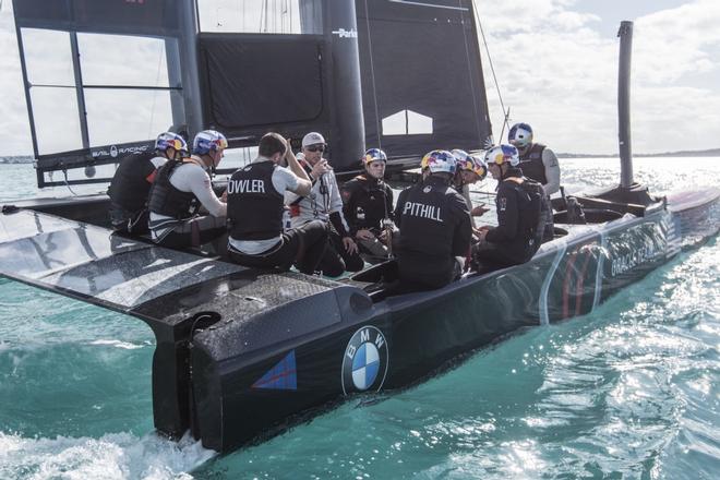 Coach Philippe Presti holds a question session on Oracle Team USA's AC-45S in Bermuda  © Sam Greenfield/Oracle Team USA http://www.oracleteamusa.com