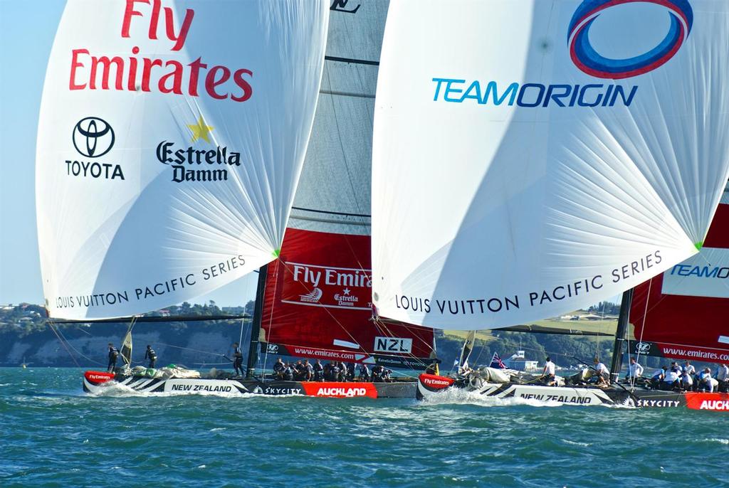 Louis Vuitton Pacific Series - 2009 Team New Zealand v Team Origin (GBR) - trailling between challengers is banned from the 2021 Am Cup photo copyright Richard Gladwell www.photosport.co.nz taken at  and featuring the  class