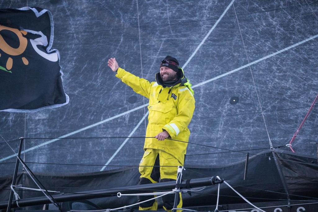 The Vendee Globe 2016 - 2017<br />
British yachtsman Alex Thomson onboard his ‘Hugo Boss”  IMOCA Open60. He finished 2nd in the Vendee Globe solo non stop around the world yacht race. Shown here in the Sables d Olonne port celebrating. He completed the solo non stop around the world race in 74days. 19hours and 35 minutes<br />
<br />
Photo by Lloyd Images © Lloyd Images