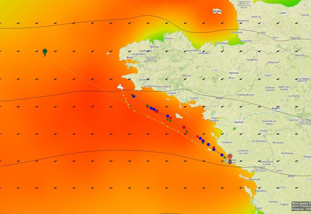 Race leader Banque Populaire VIII has a straight reach to the the finish at Les Sables around 4.00pm on Thursday afternoon. The Green pinned boat is second placed Alex Thomson (Hugo Boss) at 0400hrs UTC on Juanry 19, 2017. photo copyright PredictWind http://www.predictwind.com taken at  and featuring the  class