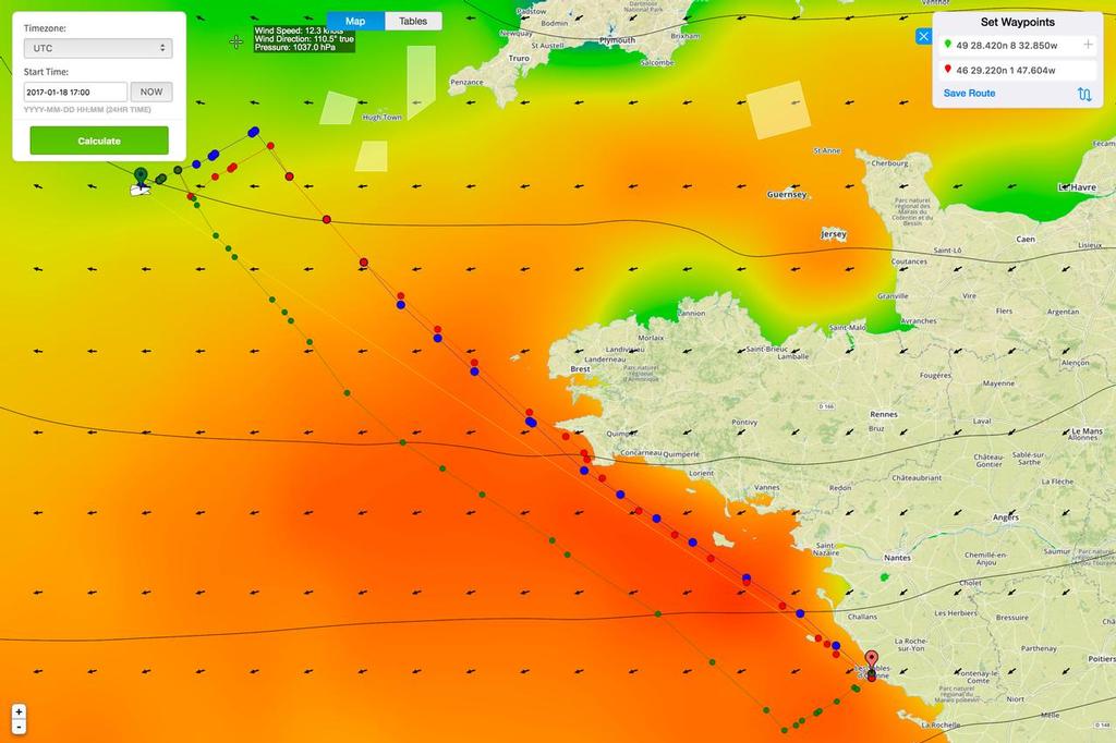 Predictwind gives Alex Thomson the option to tack early for the final leg to Les Sables photo copyright PredictWind http://www.predictwind.com taken at  and featuring the  class