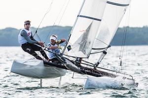 Olympian Louisa Chafee (Warwick, R.I.) and helmsman Riley Gibbs (Long Beach, Calif.), Nacra 17.  - World Cup Series Miami 2017 photo copyright Jen Edney / US Sailing Team taken at  and featuring the  class