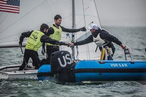 Stu McNay (Providence, R.I.) and Dave Hughes (Miami, Fla.) with coach and Beijing 2008 Olympic gold medalist Nathan Wilmot (Sydney, Australia). Men’s 470. - World Cup Series Miami 2017 photo copyright Jen Edney / US Sailing Team taken at  and featuring the  class