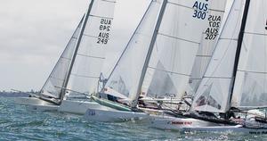 AUS300 (37) is Jonathan Bannister and former Olympian Krystal Wier. This is just after start of third (and last) race of the day. - Pinkster Gin 2017 F18 Australian Championship photo copyright  Alex McKinnon Photography http://www.alexmckinnonphotography.com taken at  and featuring the  class