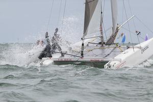 AUS46 – Busting through some Port Phillip chop with Gary Haywood and Malcolm Byrne of Victoria - Pinkster Gin 2017 F18 Australian Championship photo copyright  Alex McKinnon Photography http://www.alexmckinnonphotography.com taken at  and featuring the  class