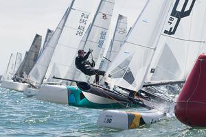 Down at the pin end for the start of the third race with WA’s Gavin Colby and Kieran Webb. - Pinkster Gin 2017 F18 Australian Championship photo copyright  Alex McKinnon Photography http://www.alexmckinnonphotography.com taken at  and featuring the  class