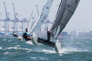 Chris Boag and Tom Salt won race eight, which was the first race of the day, and in the heaviest conditions (25 knots+) - Pinkster Gin 2017 F18 Australian Championship photo copyright  Alex McKinnon Photography http://www.alexmckinnonphotography.com taken at  and featuring the  class