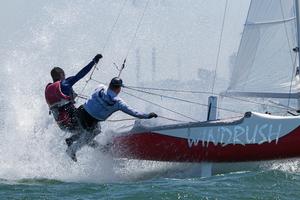 Slippery when wet… You bet! Gareth Brown and Paul Raymond from WA - Pinkster Gin 2017 F18 Australian Championship photo copyright  Alex McKinnon Photography http://www.alexmckinnonphotography.com taken at  and featuring the  class