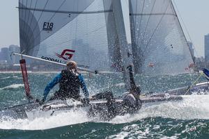 To be effective, your crew needs to have their weight right out, and the extra drag in the water certainly slows you down – Colin Kean and Ethan White. - Pinkster Gin 2017 F18 Australian Championship photo copyright  Alex McKinnon Photography http://www.alexmckinnonphotography.com taken at  and featuring the  class