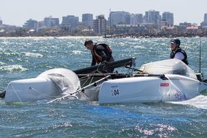 A bullet and second place for the day meant dropping the rig was not fatal to their chances overall, just good old expensive… (Steven Brewin with Andrew Williams) - Pinkster Gin 2017 F18 Australian Championship photo copyright  Alex McKinnon Photography http://www.alexmckinnonphotography.com taken at  and featuring the  class