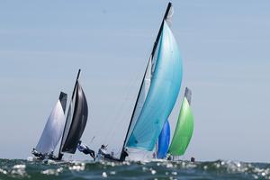 The fleet racing to the leeward mark in the afternoon session. - Pinkster Gin 2017 F18 Australian Championship photo copyright  Alex McKinnon Photography http://www.alexmckinnonphotography.com taken at  and featuring the  class