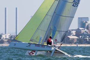 David Morton and Jacob Bainger from SA, with the towers of the Bolte Bridge in the background. - Pinkster Gin 2017 F18 Australian Championship photo copyright  Alex McKinnon Photography http://www.alexmckinnonphotography.com taken at  and featuring the  class