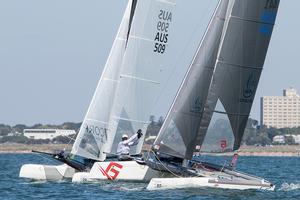 Brothers Daniel and Nathan Van Kerckhof (Bow 02 to leeward) were the winners overall by four points, so maintained that gap from the previous day. To windward is fourth place, James Clark and Max Puttman from WA. - Pinkster Gin 2017 F18 Australian Championship photo copyright  Alex McKinnon Photography http://www.alexmckinnonphotography.com taken at  and featuring the  class