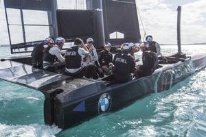 Coach Philippe Presti holds a question session on Oracle Team USA's AC-45S in Bermuda photo copyright Sam Greenfield/Oracle Team USA http://www.oracleteamusa.com taken at  and featuring the  class