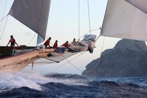 Nimble crew work is required on the magnificent schooner, Adela - seen here approaching Redonda in the  RORC Caribbean 600 photo copyright RORC / Tim Wright / Photoaction.com taken at  and featuring the  class
