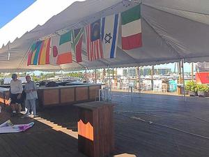 Upstairs deck at Waterfront Brewery being prepared - provides a huge bar and a stunning harbor view for Race Week sailors photo copyright Dobbs Davis taken at  and featuring the  class